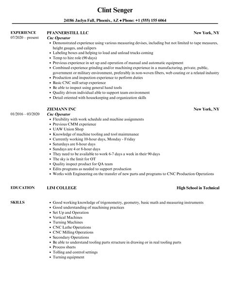 cnc operator skills resume